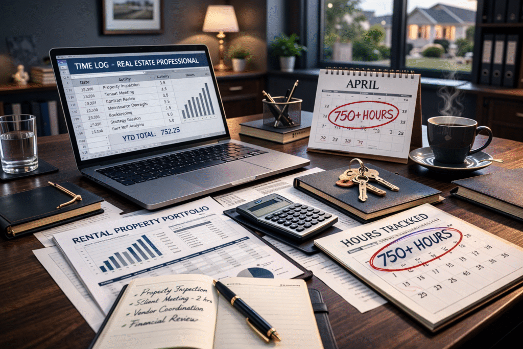 Professional office desk scene illustrating Real Estate Professional Status qualification, featuring an open laptop displaying a detailed time log spreadsheet, a desk calendar marked “750+ Hours,” rental property keys on a leather notebook, financial reports, and a calculator in a warm, executive workspace setting.