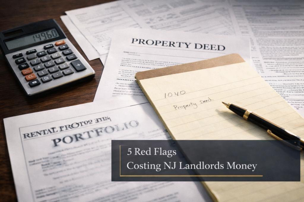 Flat lay of a modern accounting desk on a dark walnut surface featuring a calculator, legal pad with handwritten notes, property paperwork, and a gold pen neatly arranged. Blurred tax forms sit subtly in the background under soft natural lighting. A small corner label reads “5 Red Flags Costing NJ Landlords Money,” creating a professional financial review atmosphere with no people visible.