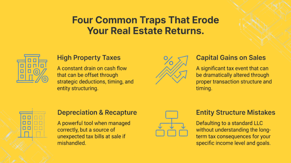 Graphic listing four common tax traps that reduce real estate returns: high property taxes, capital gains on sales, depreciation recapture, and entity structure mistakes.