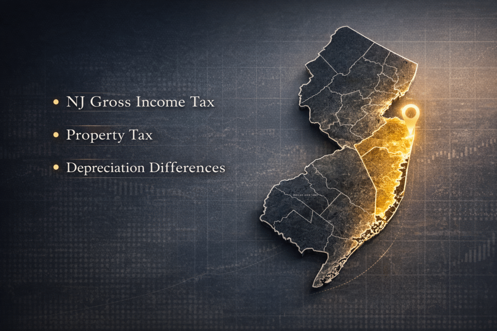 Professional minimalist infographic of the state of New Jersey in dark navy on a light background, with Monmouth County highlighted in gold. Subtle overlay text reads “NJ Gross Income Tax,” “Property Tax,” and “Depreciation Differences.” The design features a clean corporate layout with a faint financial grid texture, conveying local tax expertise and strategic financial planning.
