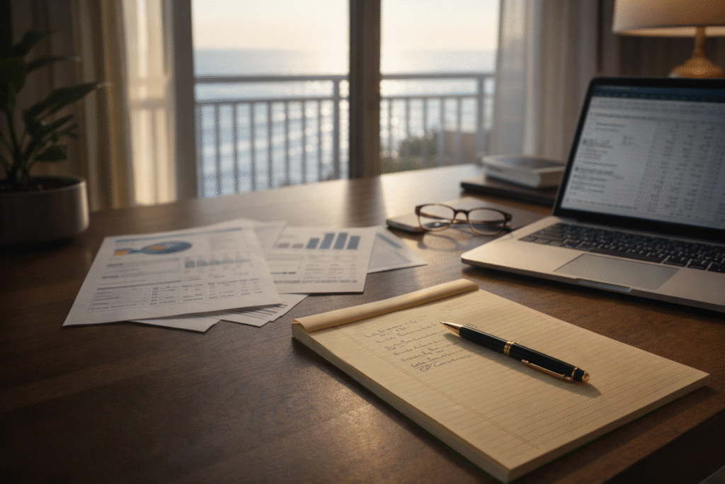 Professional desk scene featuring a clean legal pad with handwritten notes, neatly stacked financial statements, and an open laptop displaying a spreadsheet. Soft coastal daylight filters through a nearby window, casting natural light across a refined workspace. The setting conveys quiet authority, strategic financial planning, and intentional wealth building in a calm, editorial finance aesthetic with navy and gold accents.