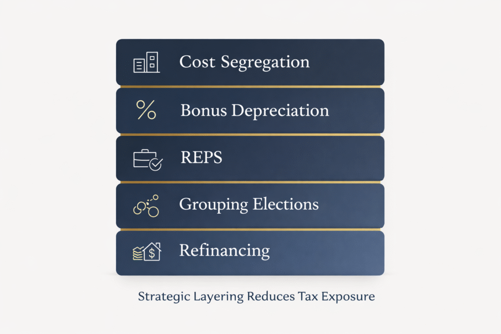Infographic with a clean white background featuring five stacked navy horizontal bars labeled: Cost Segregation, Bonus Depreciation, REPS, Grouping Elections, and Refinancing. Each layer is separated by thin gold dividers, visually resembling building blocks. At the bottom, a centered caption reads, “Strategic Layering Reduces Tax Exposure.” The design is minimal, professional, and editorial in style, emphasizing structured tax strategy layering for sophisticated real estate investors.