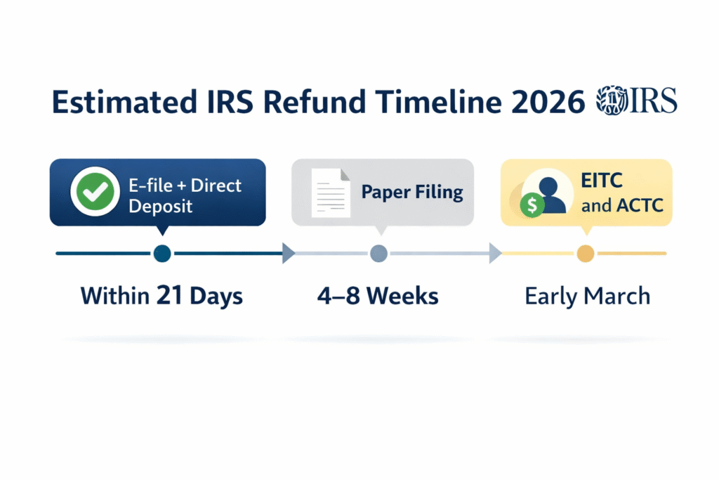 Infographic showing the estimated IRS refund timeline for 2026, highlighting e-file with direct deposit refunds within about 21 days, paper filing refunds in 4–8 weeks, and EITC or ACTC refunds available in early March.