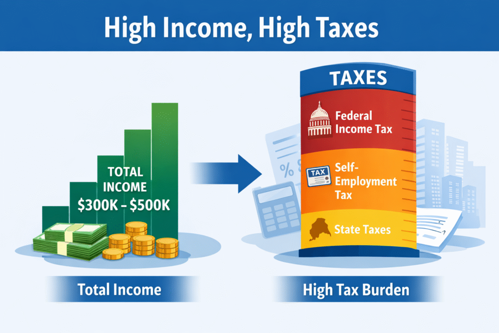 Illustration showing a high-income earner with earnings between $300K–$500K, where a large portion is lost to taxes, visually highlighting an inefficient tax structure and the heavy tax burden reducing take-home income.