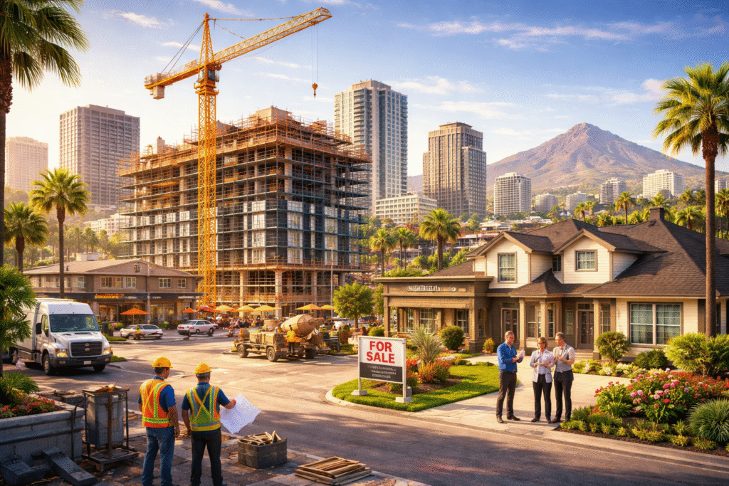 Busy Phoenix business environment showing active construction sites, cranes, and real estate development reflecting rapid economic growth.