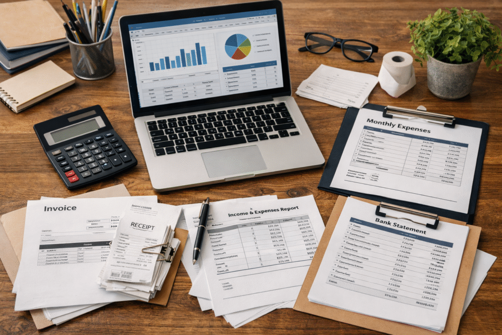 Small business bookkeeping setup showing a workspace with a laptop, financial documents, calculator, and expense tracking sheets on a desk, representing everyday tax management by a business owner.