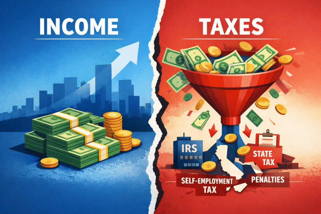 Illustration showing business income being reduced by taxes, highlighting how poor structure leads to overpayment