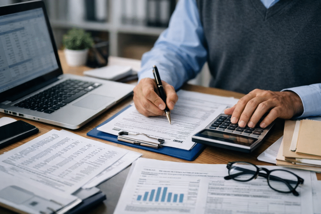Accountant working at a desk reviewing tax documents and financial records on a laptop, representing routine tax preparation and compliance work.