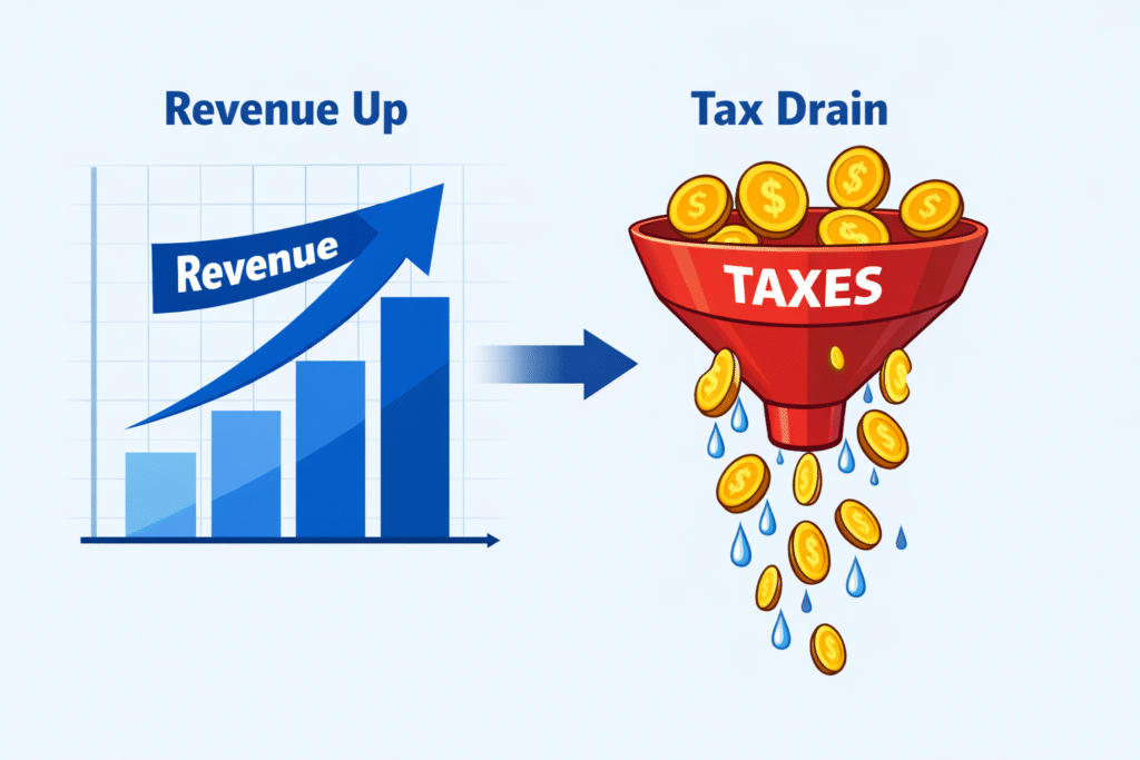 “Conceptual illustration showing business revenue rising upward while money leaks out as taxes, symbolizing hidden tax inefficiencies and profit loss for business owners.”