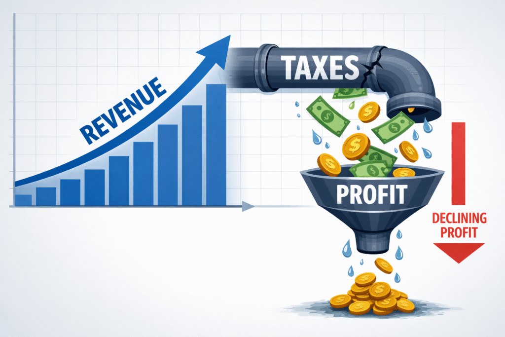 Business revenue graph rising upward while money leaks downward, illustrating how taxes reduce profits despite business growth