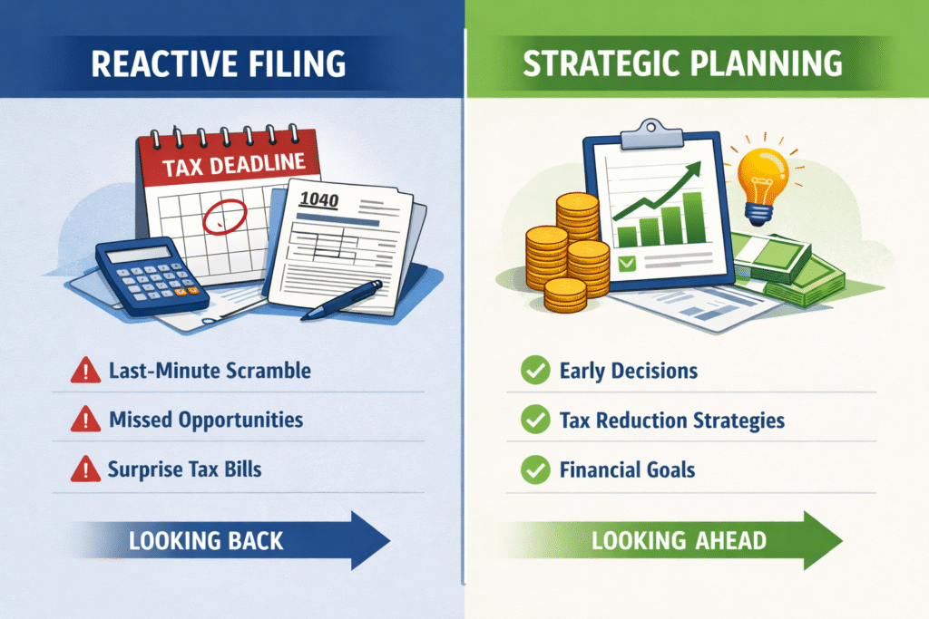 “Comparison illustration showing reactive tax filing versus proactive tax planning strategies for business owners
