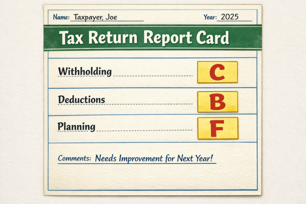 School-style report card infographic showing tax categories—Withholding, Deductions, and Planning—graded with letters (A, C, F) to illustrate that a tax return is a performance report, not a strategy.