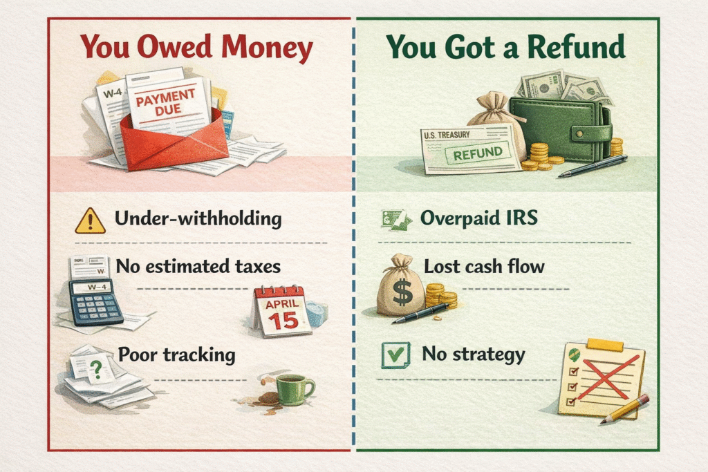 Split-screen infographic comparing tax outcomes: left side shows “You Owed Money” with causes like under-withholding, no estimated taxes, and poor tracking; right side shows “You Got a Refund” with issues like overpaying the IRS, lost cash flow, and lack of tax strategy.