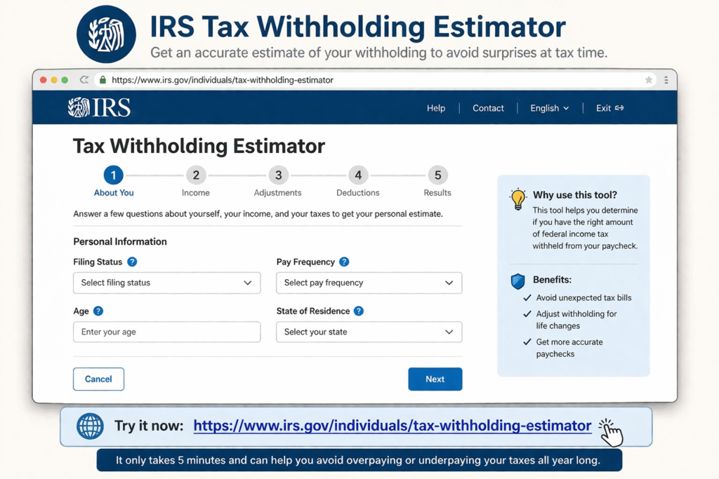 IRS tax withholding estimator tool interface showing income fields and calculation inputs for accurate tax planning