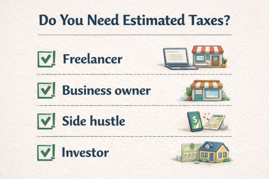 Checklist-style infographic titled “Do You Need Estimated Taxes?” featuring four icons: a
freelancer working on a laptop, a business owner in an office/shop, a person earning from a side hustle on a phone, and an investor with stocks and real estate symbols. Each category is visually separated with checkmarks to help users quickly identify if estimated taxes apply to them.