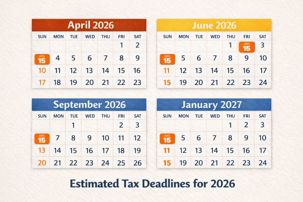 Calendar highlighting key 2026 estimated tax deadlines — April 15, June 15, September 15, and January 15 — to emphasize quarterly tax payment schedule and planning importance for U.S. taxpayers.