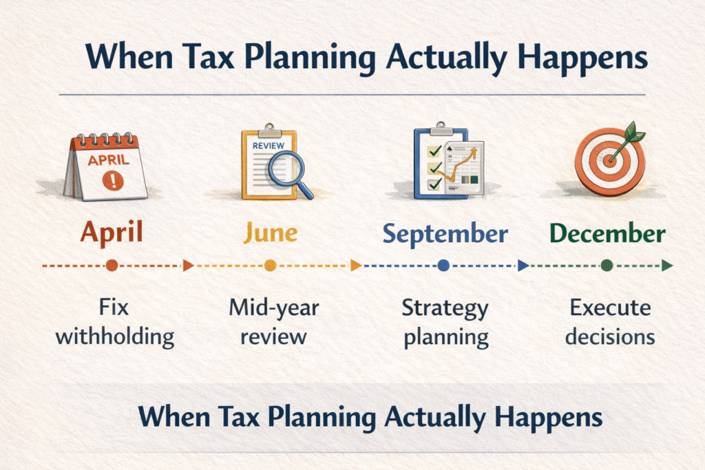 Horizontal tax planning timeline infographic showing April withholding adjustments, June mid-year tax review, September strategic tax planning, and December execution decisions, emphasizing year-round tax strategy instead of last-minute filing 
