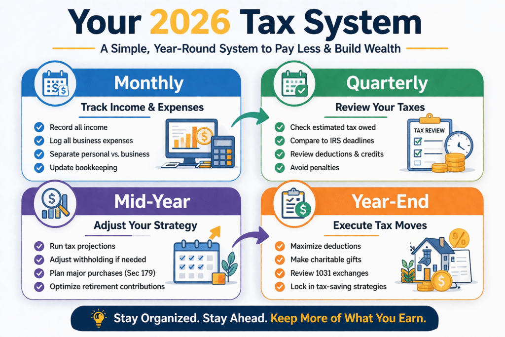 Simple 4-step tax planning system for 2026 showing a grid with monthly income tracking, quarterly tax reviews, mid-year strategy adjustments, and year-end tax execution steps.