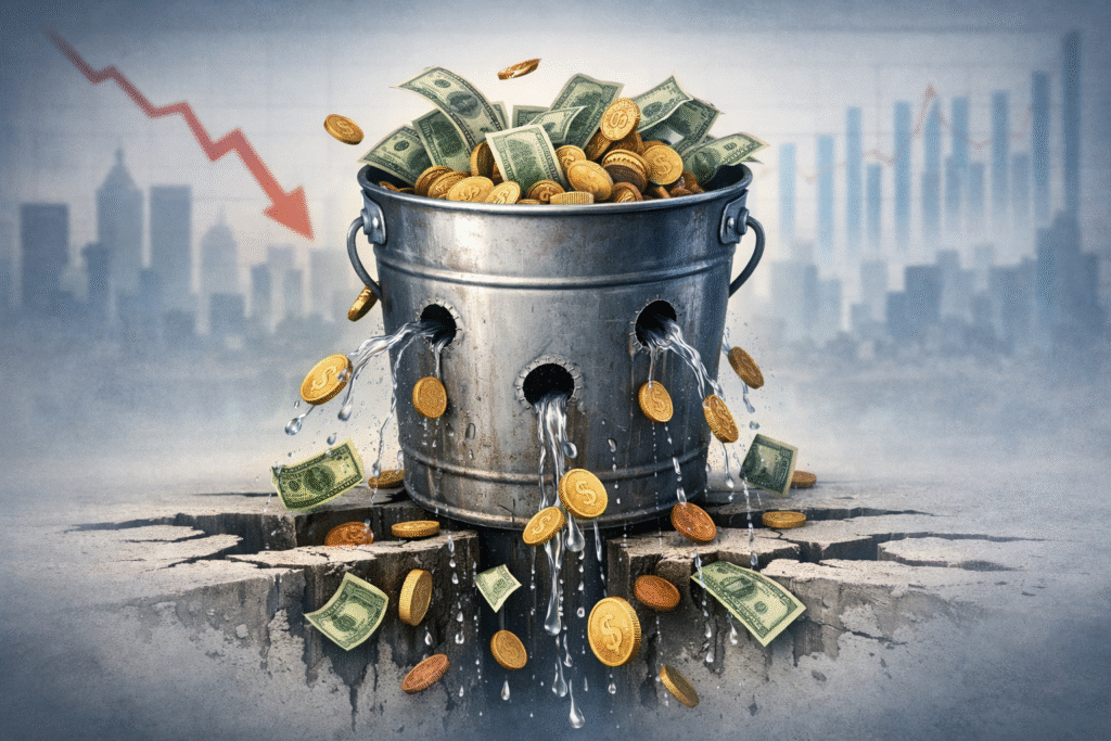 “Concept illustration of money leaking out due to poor financial and tax decisions”