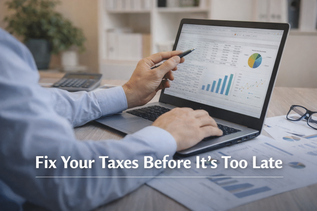 Professional workspace showing a financial advisor reviewing numbers on a laptop in a clean, modern office setting, with documents on the desk and no visible face, conveying urgency and trust around fixing tax issues before deadlines.