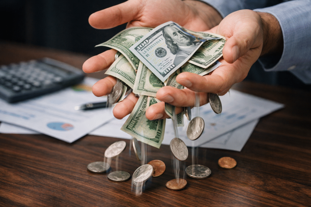 “Money slipping through hands representing hidden tax inefficiencies in business”