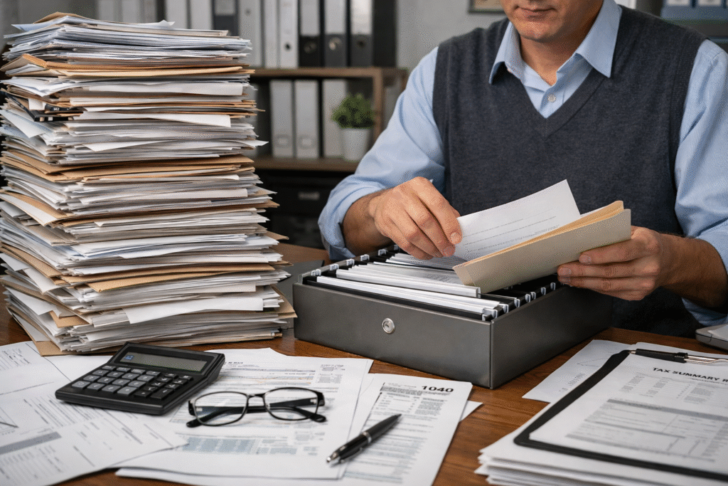 Accountant reviewing paperwork with organized tax documents on desk, representing routine tax filing and compliance work rather than strategic tax planning.