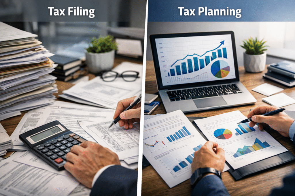 Comparison of tax filing paperwork versus strategic tax planning and financial analysis