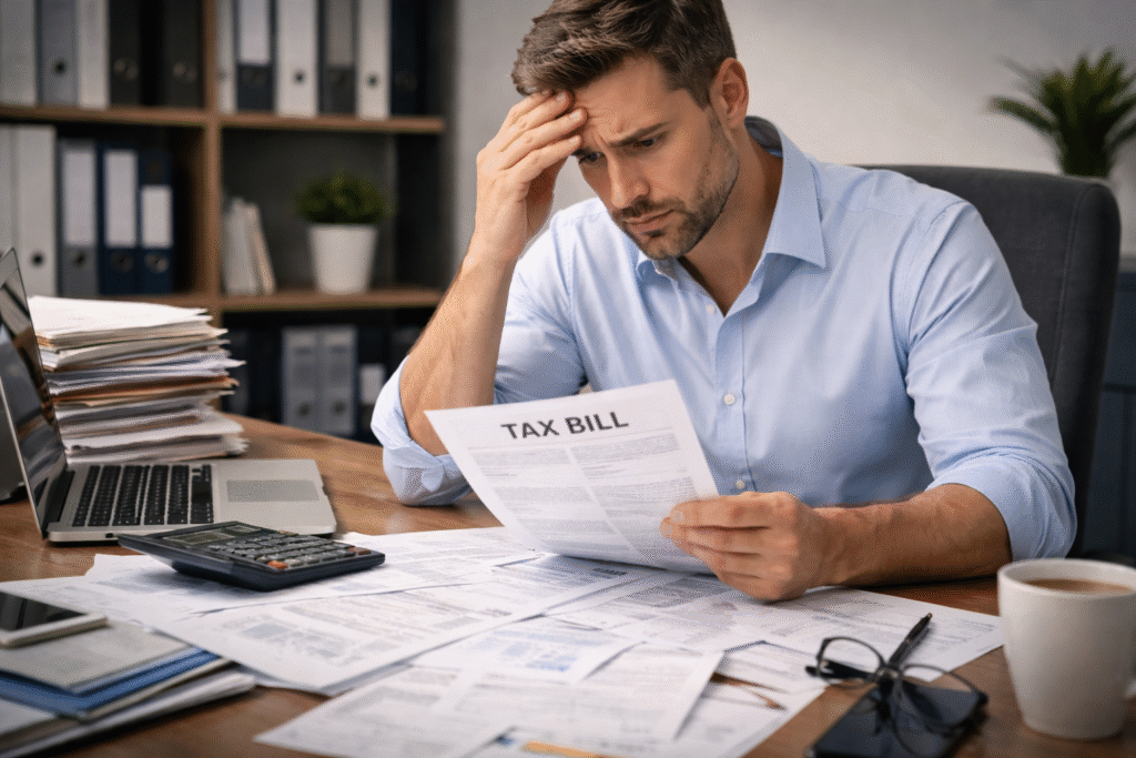 Business owner reviewing high tax bill and financial documents