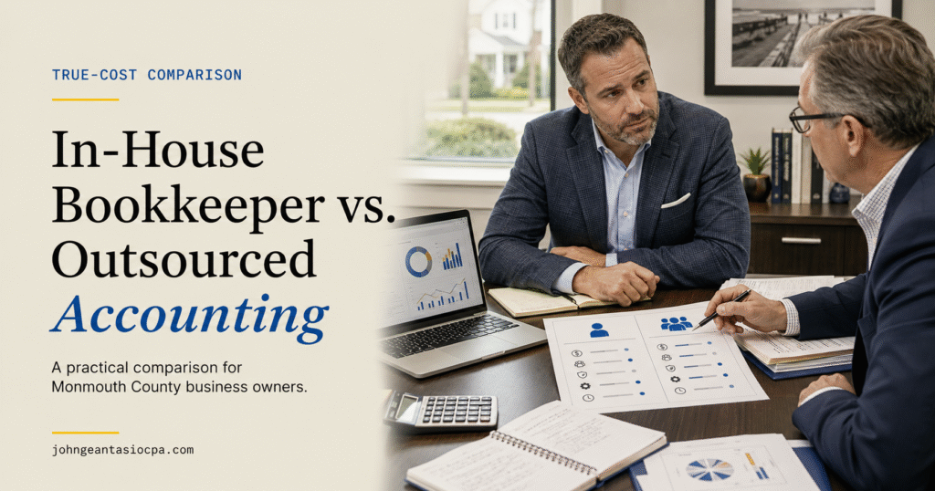 A landscape graphic titled “In-House Bookkeeper vs. Outsourced Accounting” shows two business professionals meeting in a modern suburban office. On the right, a thoughtful small-business owner in a dark blue blazer listens as an experienced accounting advisor points to a printed side-by-side comparison on a wooden desk. One side of the document represents a single in-house employee, while the other represents an outsourced accounting team. The desk also contains a laptop displaying financial charts, a calculator, notebooks, payroll worksheets, financial reports, and organized business documents. On the left, large text explains that the image presents a practical true-cost comparison for Monmouth County business owners. The website johngeantasiocpa.com appears at the bottom.
