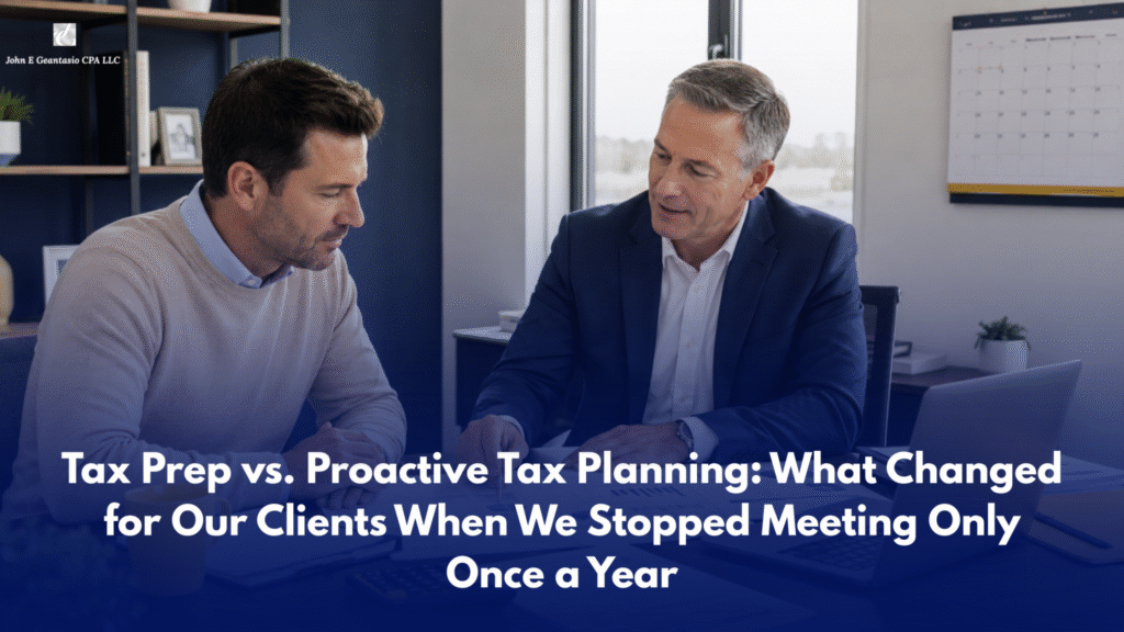 A New Jersey small-business owner sits across a desk from a professional tax advisor in a bright, modern American office. They review financial reports together on a laptop, with a calculator, documents, and a calendar on the desk, representing proactive year-round tax planning and business strategy.