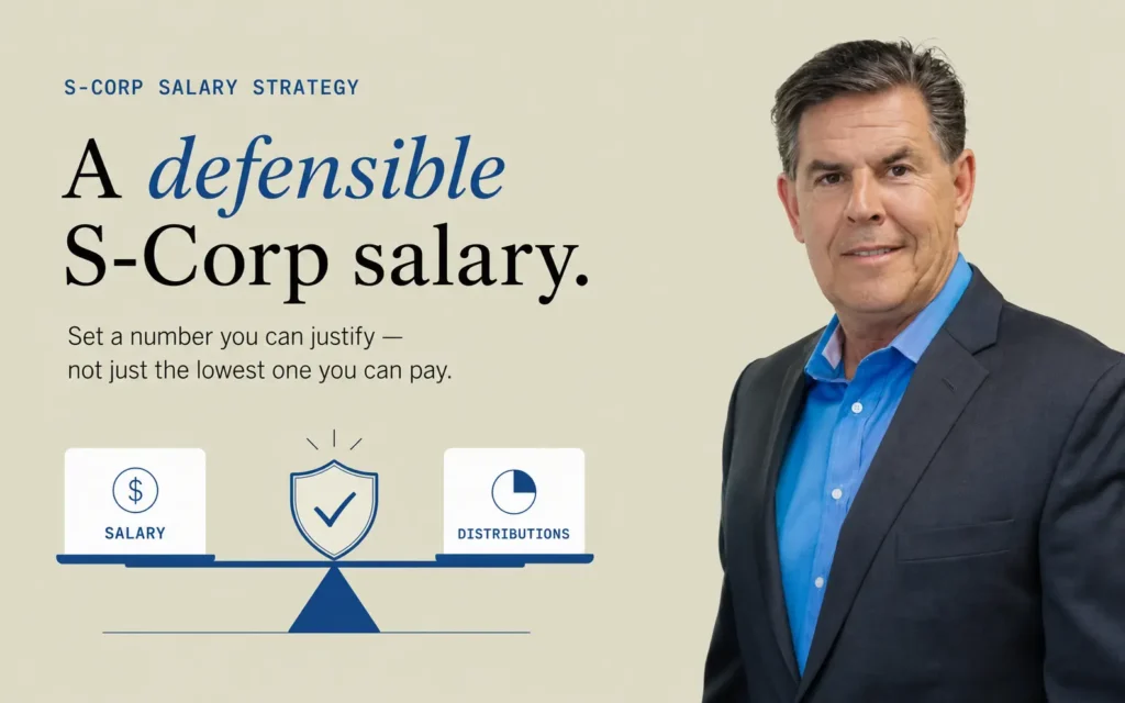 John Geantasio stands on the right side of a professional blue S-Corp tax strategy banner, wearing a dark charcoal suit jacket over a bright blue shirt. On the left, the headline reads “A defensible S-Corp salary,” with “defensible” highlighted in yellow italics, followed by the line “Set a number you can justify — not just the lowest one you can pay.” Below the text, a flat geometric illustration shows a balance scale comparing “Salary” and “Distributions.” A shield with a checkmark sits between the two sides to represent a defensible, IRS-supportable compensation strategy. Supporting tax visuals include a calculator, a financial document with a dollar sign, an 1120-S form, and an IRS-style compliance document. The design uses John Geantasio CPA LLC’s deep blue, yellow, beige, white, and light blue brand palette and communicates the idea of setting a reasonable S-Corp owner salary based on justification and documentation rather than simply minimizing wages.